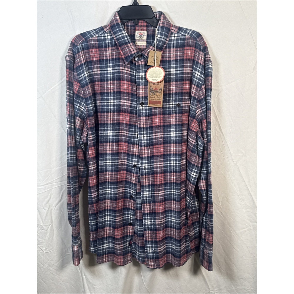 Faherty Brand‎ XXL Navy Red Plaid Organic Cotton Flannel Button Down NWT